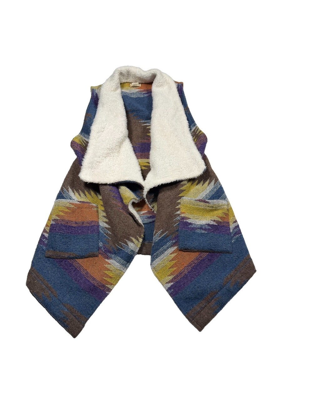 Hem & Thread Southwestern Aztec Woven Open Front Faux Sherpa Vest Size S